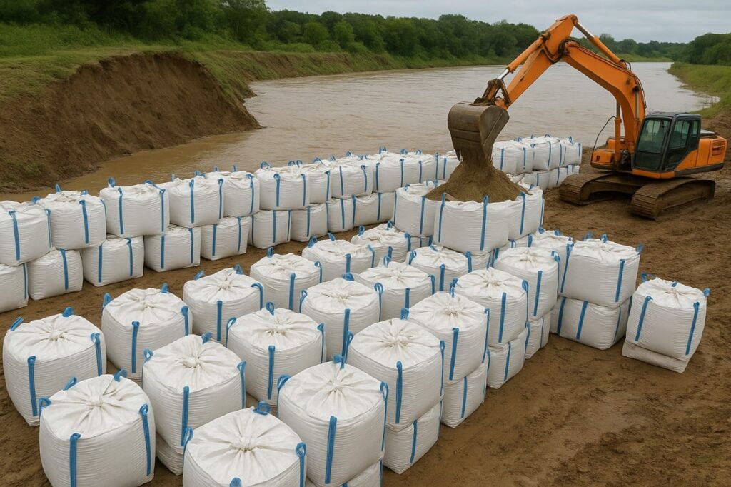 Penyusunan jumbo bag untuk sungai jebol